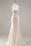 Champagne Mermaid Strapless Beaded Convertible Lace Up Back Long Prom Dress