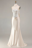 Champagne Mermaid Strapless Beaded Convertible Lace Up Back Long Prom Dress
