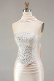 Champagne Mermaid Strapless Beaded Convertible Lace Up Back Long Prom Dress