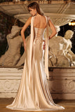 Strapless Champagne Mermaid Beaded Convertible Lace Up Back Long Prom Dress