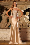 Strapless Champagne Mermaid Beaded Convertible Lace Up Back Long Prom Dress