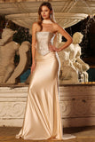 Strapless Champagne Mermaid Beaded Convertible Lace Up Back Long Prom Dress