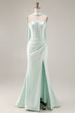 Light Green Strapless Mermaid Corset Ruched Long Prom Dress with Streamer