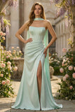 Light Green Strapless Mermaid Corset Ruched Long Prom Dress with Streamer