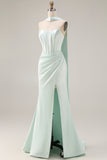 Light Green Strapless Mermaid Corset Ruched Long Prom Dress with Streamer
