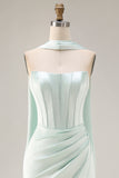 Light Green Strapless Mermaid Corset Ruched Long Prom Dress with Streamer