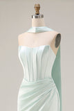 Light Green Strapless Mermaid Corset Ruched Long Prom Dress with Streamer