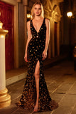 Sparkly Black Golden Mermaid Velvet Sequins V-Neck Long Prom Dress with Slit