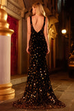 Sparkly Black Golden Mermaid Velvet Sequins V-Neck Long Prom Dress with Slit