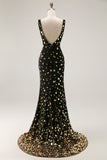 Sparkly Black Golden Mermaid Velvet Sequins V-Neck Long Prom Dress with Slit