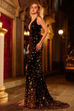 Sparkly Black Golden Mermaid Velvet Sequins V-Neck Long Prom Dress with Slit