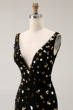 Sparkly Black Golden Sequins Mermaid V-Neck Velvet Long Prom Dress with Slit