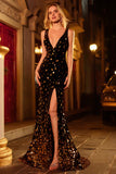 Sparkly Black Golden Mermaid Velvet Sequins V-Neck Long Prom Dress with Slit