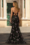 Sparkly Black Purple Flower Mermaid Sequins Lace Up Back Long Prom Dress with Slit