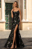 Sparkly Black Purple Flower Mermaid Sequins Lace Up Back Long Prom Dress with Slit