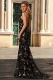Sparkly Black Purple Flower Mermaid Sequins Lace Up Back Long Prom Dress with Slit