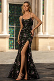 Sparkly Black Purple Flower Mermaid Sequins Lace Up Back Long Prom Dress with Slit