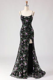 Sparkly Black Purple Flower Sequin Mermaid Lace Up Back Long Prom Dress with Slit