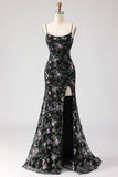 Sparkly Black Purple Flower Sequin Mermaid Lace Up Back Long Prom Dress with Slit