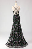Sparkly Black Purple Flower Sequin Mermaid Lace Up Back Long Prom Dress with Slit