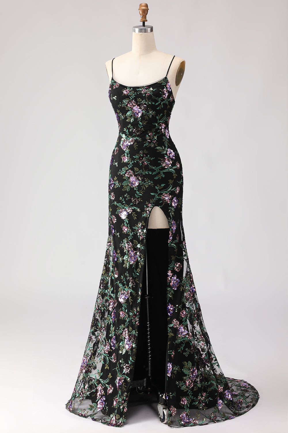 WEDTREND Women Sparkly Black Purple Flower Long Prom Dress with Slit Mermaid Spaghetti Straps Sequins Evening Dress with Lace Up Back WEDTREND Women Sparkly Black Purple Flower Long Prom Dress with Slit Mermaid Spaghetti Straps Sequins Evening Dress with Lace Up Back