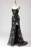 Sparkly Black Purple Flower Sequin Mermaid Lace Up Back Long Prom Dress with Slit
