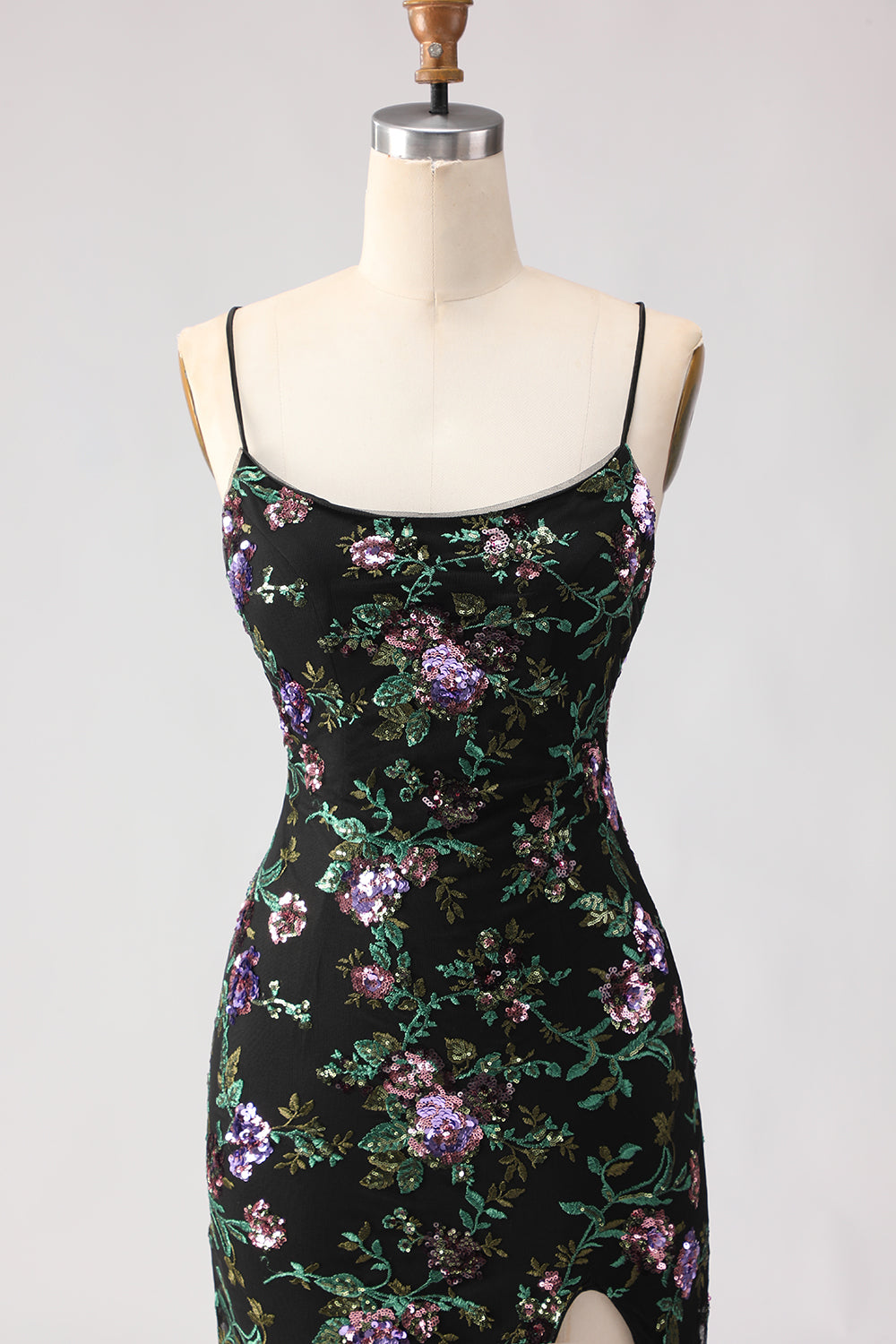 black dress with purple flowers WEDTREND Women Sparkly Black Purple Flower Long Prom Dress with Slit Mermaid Spaghetti Straps Sequins Evening Dress with Lace Up Back