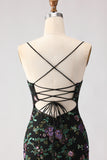 Sparkly Black Purple Flower Sequin Mermaid Lace Up Back Long Prom Dress with Slit