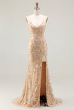 Sparkly Champagne Mermaid Beaded Lace Up Back Long Prom Dress with Slit