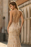 Sparkly Champagne Mermaid Beaded Lace Up Back Long Prom Dress with Slit