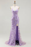 Purple Mermaid Beaded Lace Up Back Sequins Long Prom Dress with Slit