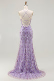 Purple Mermaid Beaded Lace Up Back Sequins Long Prom Dress with Slit