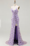 Purple Mermaid Beaded Lace Up Back Sequins Long Prom Dress with Slit