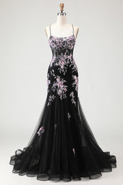 Black Pink Flower Mermaid Corset Sequins Long Prom Dress with Lace Up Back