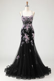 Black Pink Flower Mermaid Corset Sequins Long Prom Dress with Lace Up Back