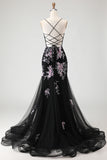 Black Pink Flower Mermaid Corset Sequins Long Prom Dress with Lace Up Back