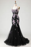 Black Pink Flower Mermaid Corset Sequins Long Prom Dress with Lace Up Back