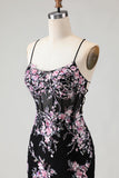 Black Pink Flower Mermaid Corset Sequins Long Prom Dress with Lace Up Back