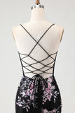 Black Pink Flower Mermaid Corset Sequins Long Prom Dress with Lace Up Back