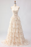 Champagne Orange Flower Strapless A Line Tiered Ruffle Corset Long Prom Dress