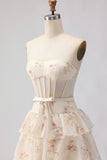 Yellow Blue Flower A Line Strapless Beaded Tiered Ruffle Corset Long Prom Dress