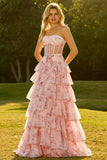 Pink Red Flower Beaded Strapless A Line Tiered Ruffle Corset Long Prom Dress