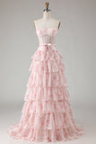 Pink Red Flower Strapless Beaded A Line Tiered Ruffle Corset Long Prom Dress