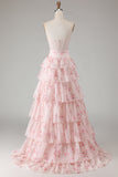 Pink Red Flower Strapless Beaded A Line Tiered Ruffle Corset Long Prom Dress