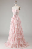 Pink Red Flower Strapless Beaded A Line Tiered Ruffle Corset Long Prom Dress