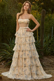 Yellow Blue Flower A Line Strapless Beaded Tiered Ruffle Corset Long Prom Dress