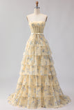 Yellow Blue Flower A Line Strapless Beaded Tiered Ruffle Corset Long Prom Dress