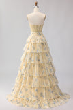 Yellow Blue Flower A Line Strapless Beaded Tiered Ruffle Corset Long Prom Dress
