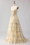 Yellow Blue Flower Strapless Beaded A Line Tiered Ruffle Corset Long Prom Dress