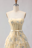 Yellow Blue Flower Strapless Beaded A Line Tiered Ruffle Corset Long Prom Dress